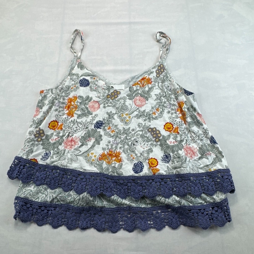 Floreat Anthropologie Tank Top Womens Large Gray Blue Floral Lace Trim Pullover